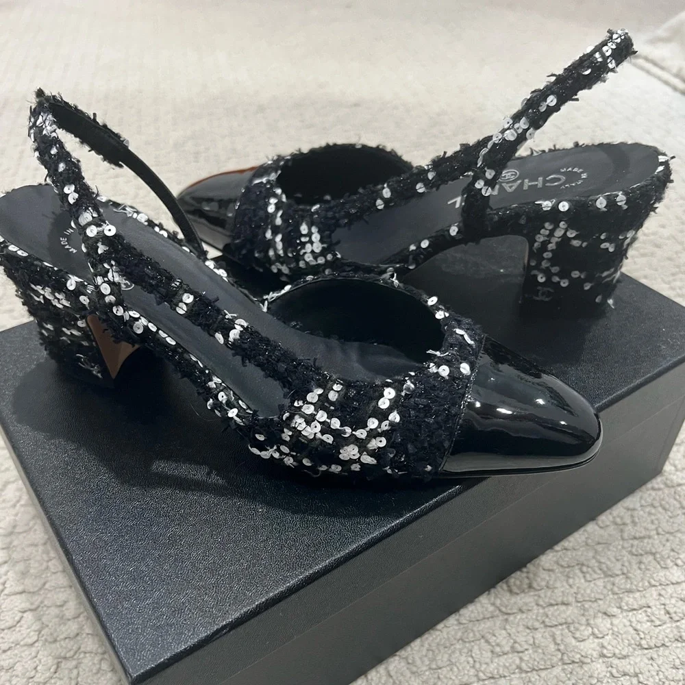 Chanel glittered tweed & sequin slingbacks